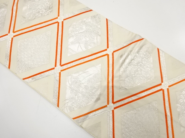 アンティーク　渡文製　斜め格子に菊・秋草模様織り出し全通袋帯（材料）